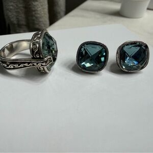 Brighton Venus Rising Ring and matching earrings with aqua crystal stone set